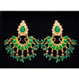 Handmade Green Onyx Teardrop Chandelier Earrings Ornate Gold Statement Pakistan